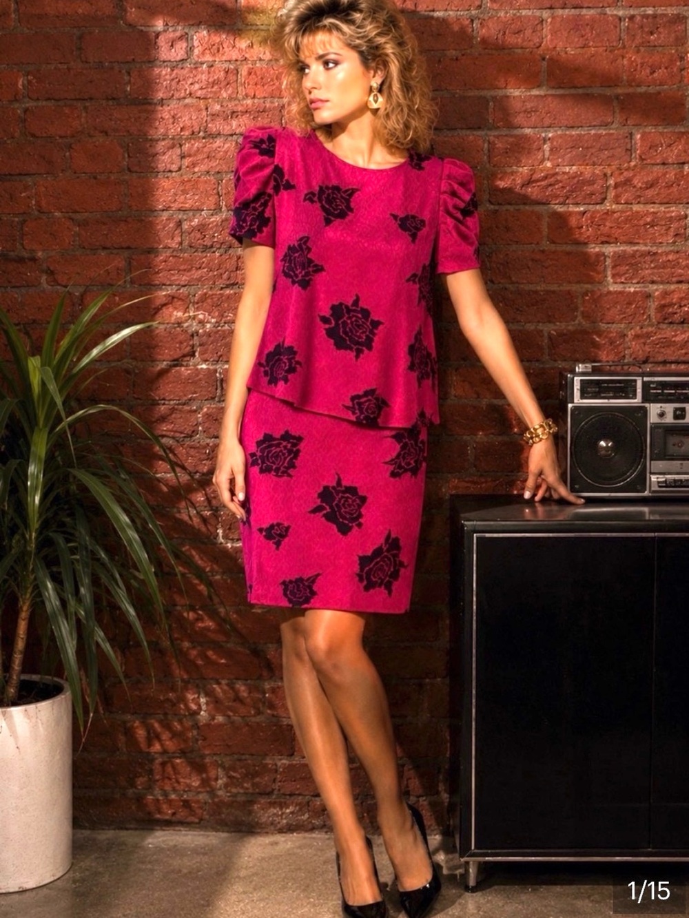 Vintage 80’s TF Satin Floral Bright Pink Knee Length Peplum Dress